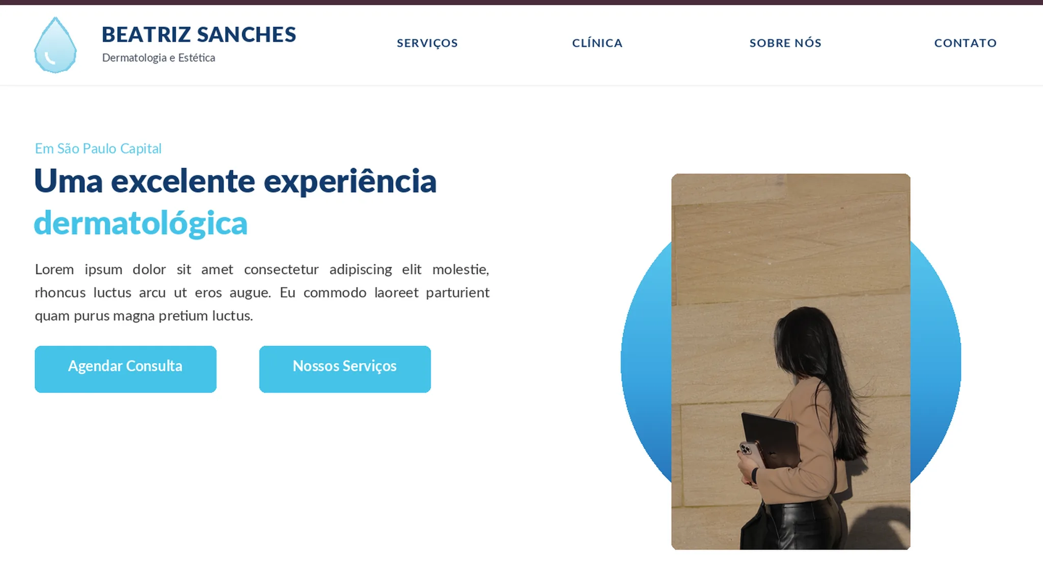 Home antiga de uma clínica de dermatologia em template genérico azul