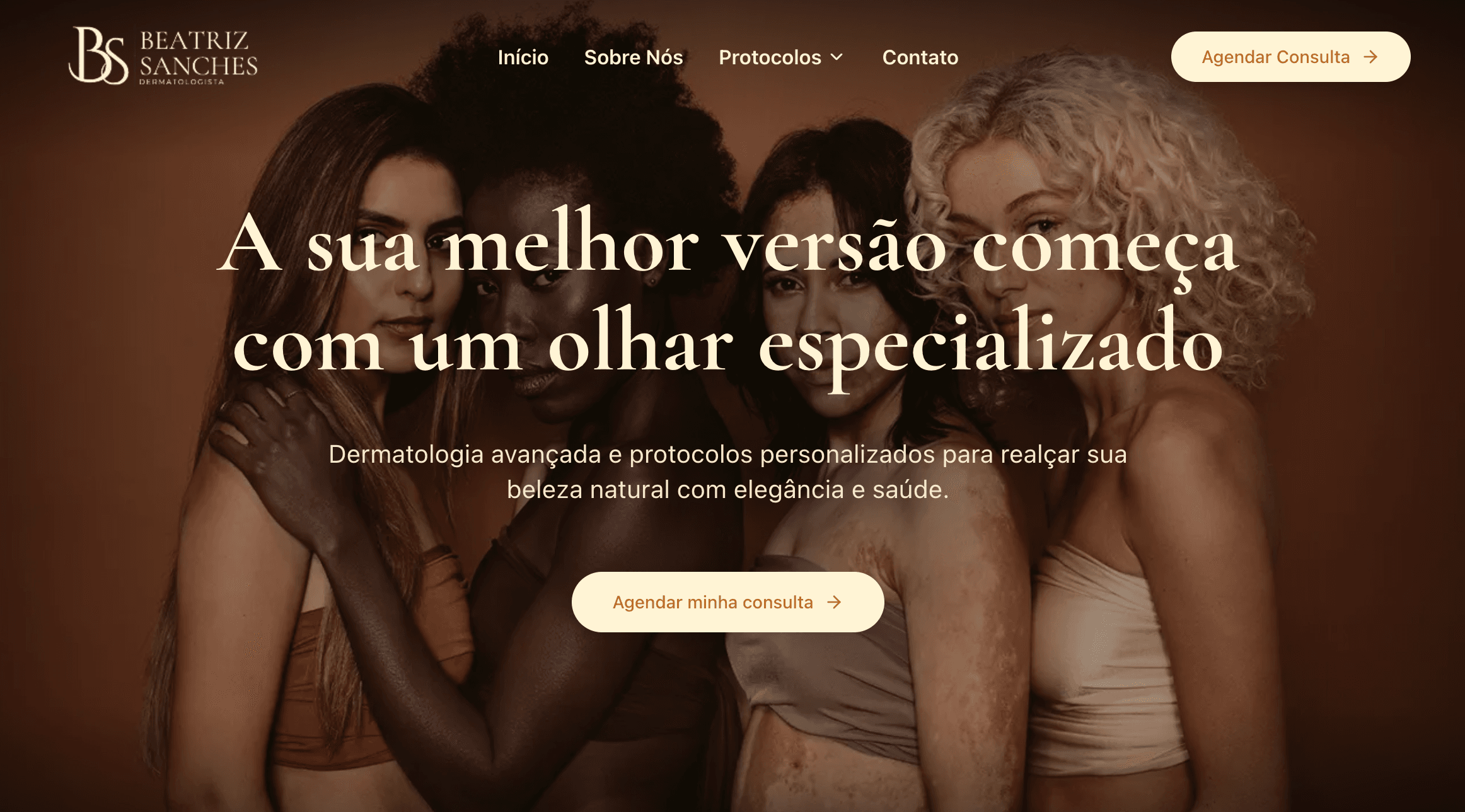 Home nova da Dra. Beatriz Sanches, dermatologista, com identidade visual própria e agendamento em destaque